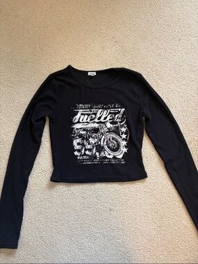 Garage Black Ribbed Baby Tee Long Sleeve with Motorcycle Print